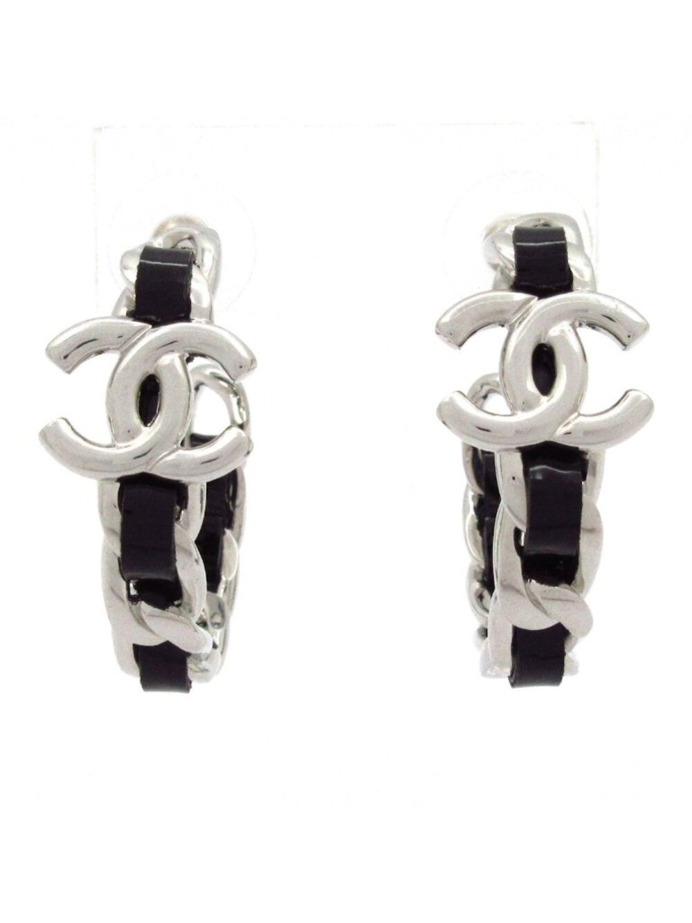 Chanel Earrings CC Logo Leather Silver Black Hoop
